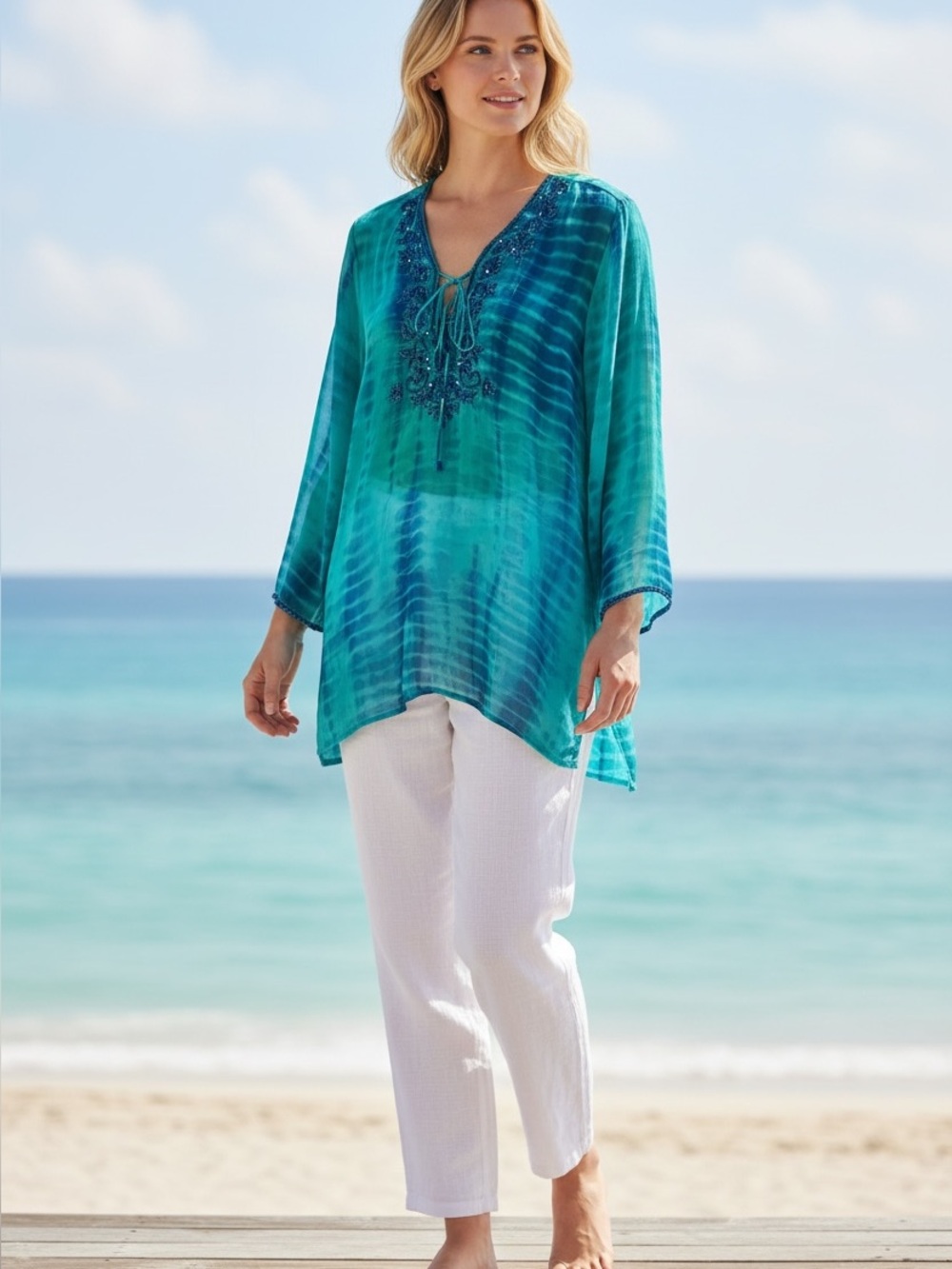 SOFT SURROUNDINGS Elisha Tunic Green embellishments Sz M